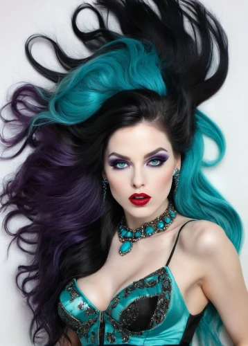 lace wig,artificial hair integrations,color turquoise,gothic fashion,blue enchantress,dark purple,hair coloring,blue hair,gothic woman,gothic style,gypsy hair,the enchantress,goth woman,oriental longhair,turquoise,fantasy woman,celtic queen,feathered hair,black hair,blue violet,Illustration,Realistic Fantasy,Realistic Fantasy 16