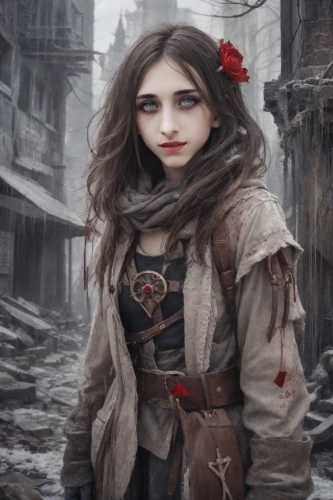 girl in a historic way,vampire woman,mystical portrait of a girl,fantasy portrait,girl with gun,vampire lady,gothic woman,fairy tale character,world digital painting,gothic portrait,girl with a gun,little red riding hood,fantasy art,post apocalyptic,fantasy picture,gothic fashion,red riding hood,child girl,miss circassian,girl with cloth,Photography,Realistic