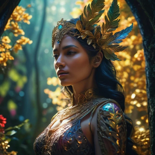 fantasy portrait,fantasy woman,the enchantress,cleopatra,fairy queen,golden crown,golden wreath,pocahontas,fantasy picture,faery,fantasy art,laurel wreath,yellow crown amazon,faerie,mystical portrait of a girl,indonesian women,girl in a wreath,queen of the night,polynesian girl,warrior woman,Photography,Artistic Photography,Artistic Photography 08