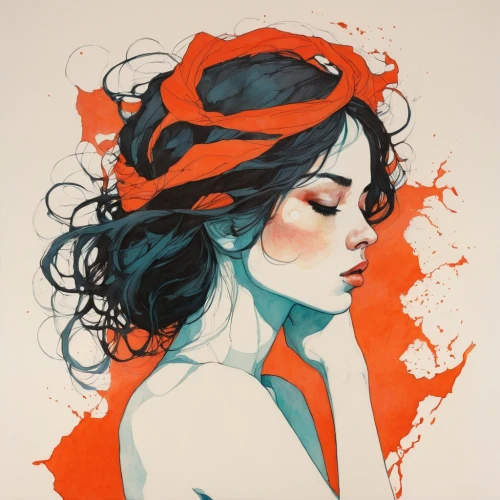 orange rose,orange blossom,fashion illustration,geisha,geisha girl,digital illustration,boho art,wilted,fallen petals,vanessa (butterfly),mystical portrait of a girl,illustrator,orange petals,fantasy portrait,artemisia,siren,watercolor paint strokes,thick paint strokes,orange roses,flora,Illustration,Paper based,Paper Based 19