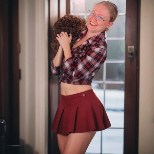 girl with dog,merilyn monroe,retro woman,buffalo plaid,pink glasses,buffalo plaid bear,with glasses,retro women,retro girl,blonde girl with christmas gift,puppies,plaid,tartan,toy poodle,miniature poodle,adorable,skort,magnolieacease,playing puppies,maci