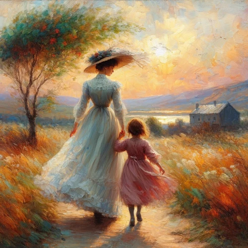 little girl and mother,walk with the children,little girls walking,mother with child,woman walking,father with child,young couple,mother and child,mother with children,girl picking flowers,parents with children,promenade,young women,little girl in wind,oil painting,oil painting on canvas,girl in a long dress,stroll,blessing of children,rural landscape