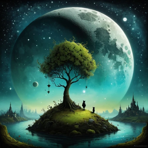 fantasy picture,magic tree,fantasy landscape,moon and star background,lunar landscape,hanging moon,fantasy art,tree of life,landscape background,moon phase,wondertree,dream world,moonlit night,little planet,lone tree,celtic tree,children's background,birch tree background,herfstanemoon,circle around tree,Illustration,Abstract Fantasy,Abstract Fantasy 01