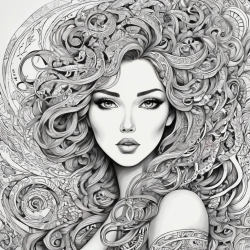 fashion illustration,medusa,pencil drawings,pencil art,boho art,pencil drawing,fantasy portrait,siren,pencil and paper,lotus art drawing,graphite,digital art,charcoal drawing,mermaid vectors,ballpoint pen,line-art,fantasy art,pen drawing,marilyn,digital artwork,Illustration,Black and White,Black and White 05