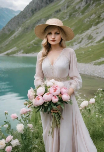 beautiful girl with flowers,flower girl,the valley of flowers,the blonde in the river,romantic look,celtic woman,girl in flowers,enchanting,holding flowers,vintage flowers,austria,heidi country,wild roses,rosa khutor,beauty in nature,flower hat,blonde in wedding dress,splendor of flowers,the hat of the woman,with a bouquet of flowers,Photography,Realistic