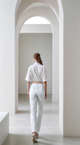 white room,woman walking,athens art school,girl on a white background,woman's backside,hallway space,girl walking away,corridor,whitespace,structural plaster,laundress,white space,hallway,passage,chef's uniform,white clothing,épée,linen,plus-size model,aikido