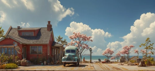 seaside country,summer cottage,house trailer,little house,home landscape,cottage,popeye village,seaside resort,idyllic,lonely house,beautiful home,aurora village,studio ghibli,cartoon video game background,holiday home,beauty scene,wooden houses,wooden house,the road,background image,Photography,General,Fantasy