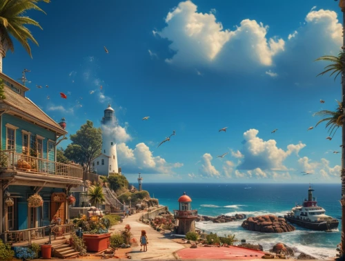 seaside resort,fantasy picture,popeye village,seaside country,monkey island,south seas,fantasy landscape,hot-air-balloon-valley-sky,cartoon video game background,south pacific,seaside view,dream beach,background images,delight island,fishing village,seaside,3d fantasy,world digital painting,an island far away landscape,summer background,Photography,General,Fantasy