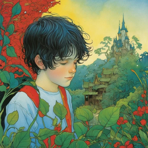 studio ghibli,children's fairy tale,fairy tale,fairy tale character,cover,forest clover,a fairy tale,eglantine,fantasy world,fairy tales,snow white,in the tall grass,book cover,clamp,fantasia,vanessa (butterfly),clover meadow,fable,dream world,mowgli,Illustration,Realistic Fantasy,Realistic Fantasy 04