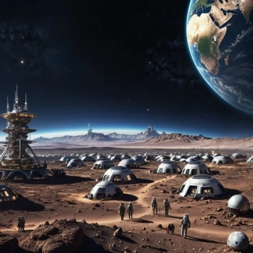 futuristic landscape,alien planet,alien world,terraforming,lunar landscape,earth station,exoplanet,colony,moon base alpha-1,sky space concept,extraterrestrial life,federation,planet mars,copernican world system,post-apocalyptic landscape,human settlement,space port,mission to mars,space art,exo-earth