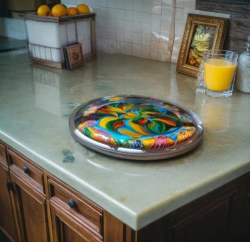 vintage dishes,ceramic hob,countertop,to have breakfast,baking sheet,gelatin dessert,colorful glass,serving tray,granite counter tops,casserole dish,cake stand,whirlpool pattern,pizza stone,counter top,king cake,kitchen counter,glass painting,to bake,kitchen sink,rainbow cake