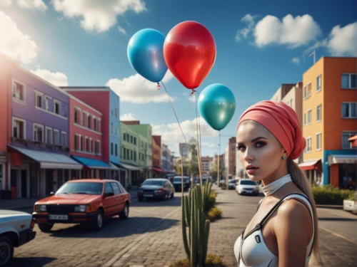 little girl with balloons,colorful balloons,girl and car,corner balloons,red balloons,digital compositing,red balloon,balloons,pink balloons,balloon head,car hop,balloon hot air,blue balloons,rainbow color balloons,balloons flying,balloon,ballon,baloons,girl in car,photo manipulation,Photography,General,Realistic