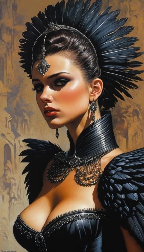 dark angel,cleopatra,ancient egyptian girl,fantasy art,warrior woman,black angel,fantasy woman,orientalism,sorceress,feather headdress,fantasy portrait,female warrior,headdress,crow queen,priestess,heroic fantasy,black feather,black raven,gothic portrait,goth woman,Illustration,American Style,American Style 07