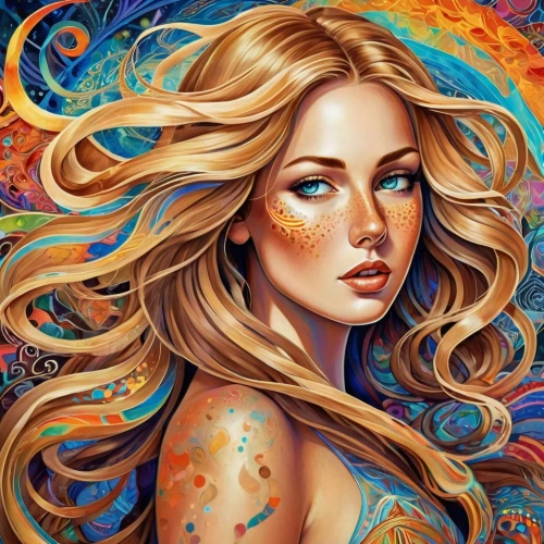 boho art,psychedelic art,art painting,fantasy art,blonde woman,colorful background,blond girl,blonde girl,golden haired,oil painting on canvas,aphrodite,world digital painting,fantasy portrait,portrait background,the zodiac sign pisces,horoscope libra,young woman,adobe illustrator,fantasy woman,mystical portrait of a girl,Illustration,Realistic Fantasy,Realistic Fantasy 39