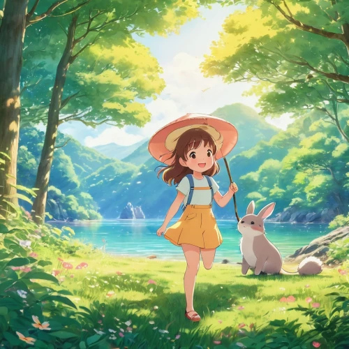 studio ghibli,summer day,akko,summer background,idyllic,in the forest,springtime background,miku maekawa,girl and boy outdoor,spring background,in the summer,forest walk,summer jasmine,happy children playing in the forest,summer crown,forest background,in the early summer,magical adventure,children's background,wander,Illustration,Japanese style,Japanese Style 01