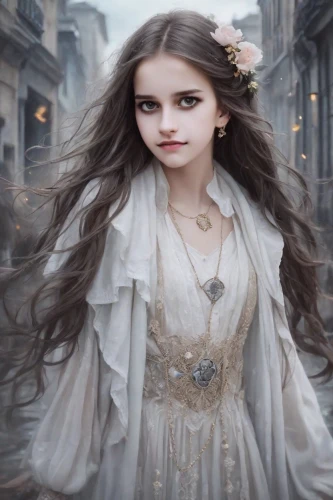 mystical portrait of a girl,fairy tale character,gothic portrait,white rose snow queen,the enchantress,faery,children's fairy tale,girl in a historic way,fairy queen,enchanting,the snow queen,fantasy picture,fae,victorian lady,gothic woman,fairy tale,pale,fantasy portrait,princess sofia,fantasy art,Photography,Realistic