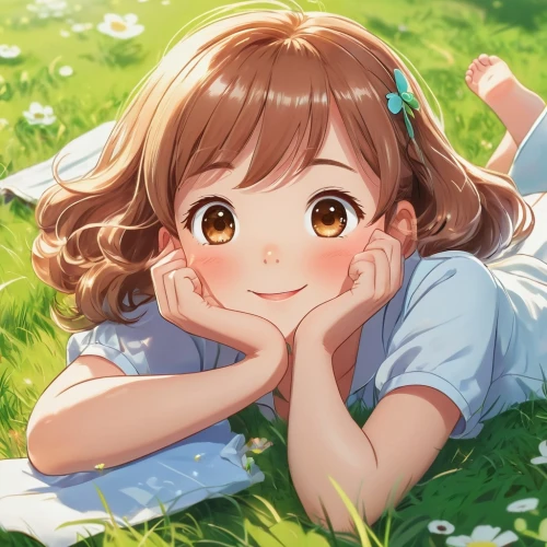 girl lying on the grass,on the grass,mikuru asahina,flower background,grass blossom,tsumugi kotobuki k-on,euphonium,spring leaf background,blooming grass,spring background,miku maekawa,picking flowers,portrait background,kawaii,floral background,potato blossoms,springtime background,lying down,holding flowers,precious,Illustration,Japanese style,Japanese Style 01