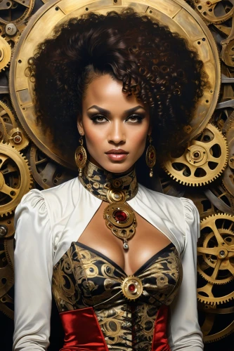 steampunk,african american woman,beautiful african american women,afroamerican,afro-american,steampunk gears,artificial hair integrations,black woman,african-american,black women,afro american girls,african woman,afro american,african american,voodoo woman,clockwork,women's accessories,social,the carnival of venice,tiana,Illustration,Realistic Fantasy,Realistic Fantasy 13