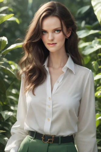 in green,katniss,daisy jazz isobel ridley,in a shirt,biologist,khaki pants,khaki,liberty cotton,blouse,marie leaf,polo shirt,green,green background,veronica,bushes,farm girl,irish,business woman,pantsuit,female model,Photography,Commercial