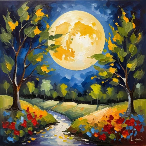 autumn landscape,fall landscape,moonlit night,autumn background,autumn idyll,hanging moon,oil painting on canvas,art painting,blue moon,autumn scenery,oil painting,forest landscape,moonrise,night scene,moonlit,autumn icon,super moon,moon night,autumn forest,the autumn,Conceptual Art,Oil color,Oil Color 22