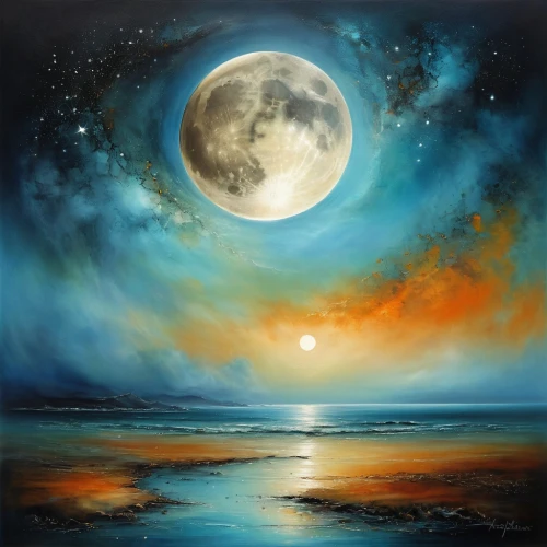 moonlit night,blue moon,lunar landscape,moonrise,moonlit,hanging moon,moon and star background,moonscape,sun moon,oil painting on canvas,moonlight,moon phase,moon night,moons,sea landscape,carol colman,jupiter moon,phase of the moon,full moon,moonbeam,Conceptual Art,Daily,Daily 32