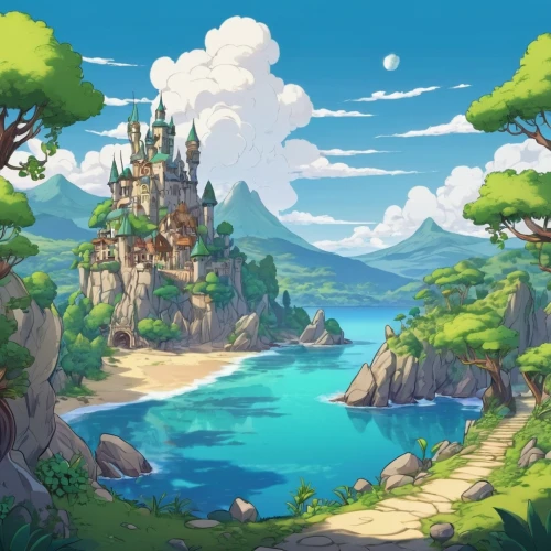 fairy tale castle,studio ghibli,fantasy landscape,water castle,fantasy world,cartoon video game background,fairytale castle,fairy world,landscape background,knight's castle,meteora,castel,background with stones,fairy chimney,fairy village,an island far away landscape,magical adventure,ruined castle,disney castle,peninsula,Illustration,Japanese style,Japanese Style 07