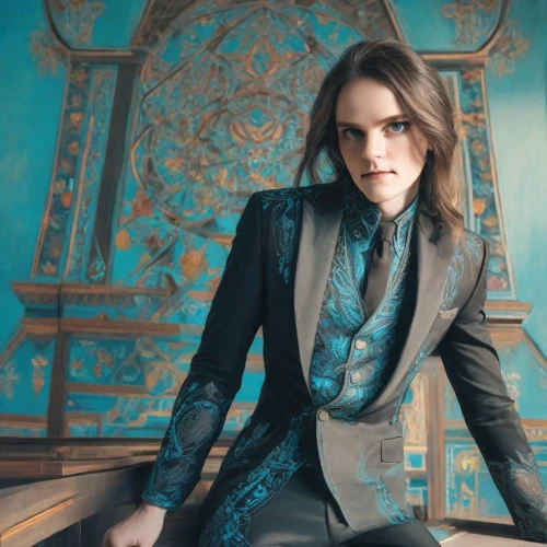 daisy jazz isobel ridley,imperial coat,regal,turquoise leather,bolero jacket,elegant,princess sofia,suit of spades,elegance,silk,frock coat,swath,teal,turquoise,turquoise wool,coat,the suit,aristocrat,ornate,jacket,Photography,Realistic