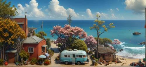 seaside country,seaside resort,popeye village,ice cream van,studio ghibli,cartoon video game background,travel trailer poster,vwbus,children's background,cartoon forest,delight island,house trailer,neighbourhood,digital compositing,valerian,campervan,an island far away landscape,seaside view,caravan,resort town,Photography,General,Fantasy