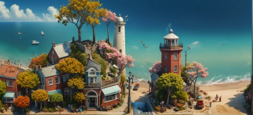 studio ghibli,popeye village,seaside resort,fantasy city,oktoberfest background,escher village,cartoon video game background,aurora village,fantasy world,resort town,seaside country,hot-air-balloon-valley-sky,background image,fairy village,panoramical,skyscraper town,children's background,fairy chimney,luna park,flying island,Photography,General,Fantasy