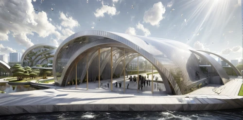 futuristic art museum,futuristic architecture,sky space concept,futuristic landscape,greenhouse cover,calatrava,greenhouse effect,musical dome,school design,flower dome,rainbow bridge,greenhouse,solar cell base,3d rendering,roof domes,archidaily,eco-construction,hahnenfu greenhouse,soumaya museum,eco hotel