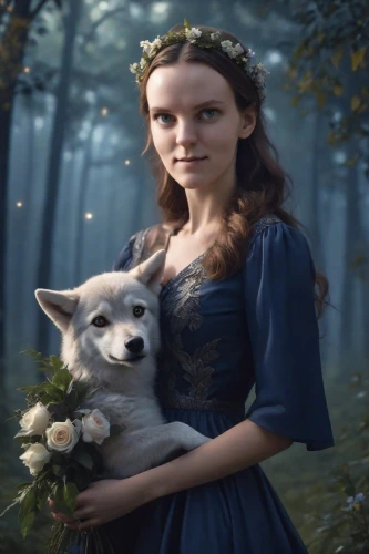 girl with dog,fantasy picture,fairy tale character,faery,fantasy portrait,a fairy tale,faerie,digital compositing,fairy tale,children's fairy tale,mystical portrait of a girl,fae,fairytale characters,fairy tales,fairy queen,girl in flowers,beautiful girl with flowers,enchanting,fairy tale icons,photomanipulation,Photography,Commercial