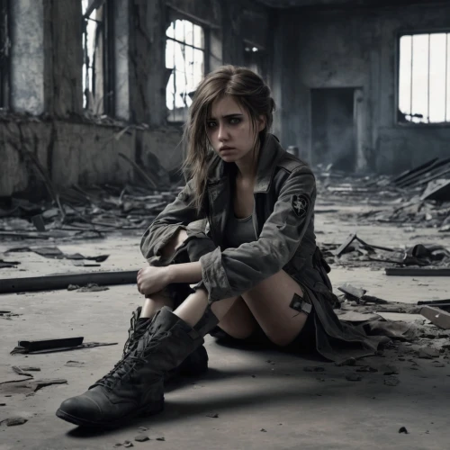 photo session in torn clothes,post apocalyptic,torn dress,trench coat,lost in war,stalingrad,girl with gun,lindsey stirling,girl with a gun,depressed woman,clary,children of war,eastern ukraine,post-apocalypse,girl sitting,ruin,grunge,desolation,derelict,wasteland,Conceptual Art,Fantasy,Fantasy 33
