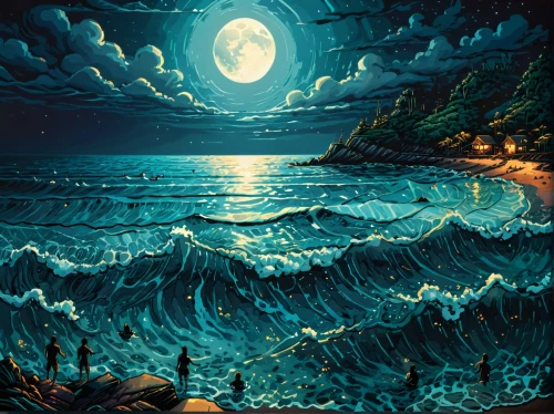 sea night,ocean waves,ocean,sea,ocean background,lunar landscape,sea landscape,moonscape,dark beach,seascape,the endless sea,moonlit night,tidal wave,the sea,ocean paradise,dune sea,tide,sea ocean,ocean floor,emerald sea,Illustration,Realistic Fantasy,Realistic Fantasy 25