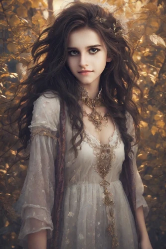 mystical portrait of a girl,fantasy portrait,fairy tale character,faery,jessamine,fae,faerie,fairy queen,the enchantress,fantasy picture,enchanting,autumn background,celtic queen,fantasy art,sorceress,white rose snow queen,rosa 'the fairy,fairytale characters,romantic portrait,rusalka,Photography,Realistic