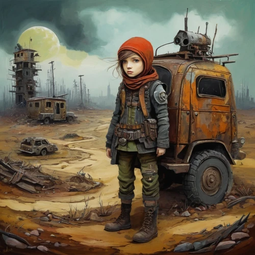 nomadic children,children of war,post apocalyptic,traveller,scrap collector,adventurer,traveler,nomad,post-apocalyptic landscape,rust truck,the wanderer,war correspondent,world digital painting,wasteland,sci fiction illustration,rust-orange,wanderer,girl and car,game illustration,nomads,Illustration,Abstract Fantasy,Abstract Fantasy 07