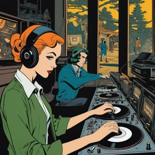 retro 1950's clip art,disk jockey,fifties records,disc jockey,telephone operator,vintage illustration,retro music,electronic music,thorens,audiophile,switchboard operator,mixing engineer,audio engineer,high fidelity,s-record-players,stereophonic sound,dj party,retro women,vinyl records,listening to music,Illustration,American Style,American Style 09