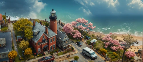 seaside resort,background image,cartoon video game background,resort town,thimble islands,digital compositing,sakura background,world digital painting,electric lighthouse,seaside country,children's background,japanese sakura background,spring background,springtime background,3d rendering,aurora village,coastal road,foreshore,artificial island,lighthouse,Photography,General,Fantasy