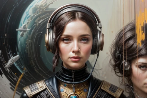 sci fiction illustration,steampunk,steampunk gears,fantasy portrait,fantasy art,cg artwork,anachronism,telephone operator,katniss,world digital painting,sterntaler,transistor,women's novels,sci fi,women in technology,princess leia,portrait background,headset,meridians,scifi