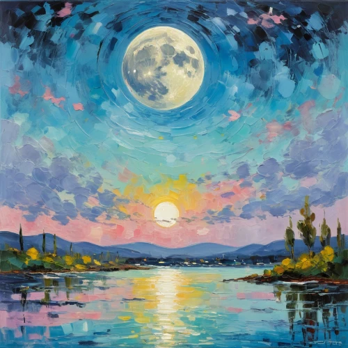 moonrise,hanging moon,moonlit night,herfstanemoon,blue moon,moon night,moon and star background,moonlit,oil painting on canvas,sun moon,lunar landscape,phase of the moon,full moon,moonlight,evening lake,moon at night,moonscape,blue moon rose,moon,jupiter moon,Conceptual Art,Oil color,Oil Color 10
