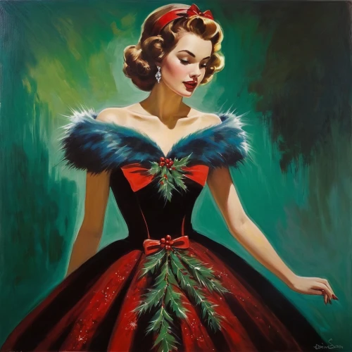 pin up christmas girl,christmas pin up girl,american holly,hoopskirt,retro christmas lady,ball gown,maraschino,girl in a wreath,marylyn monroe - female,man in red dress,christmas woman,maureen o'hara - female,queen of hearts,lady in red,evening dress,jane russell-female,vintage art,holly wreath,crinoline,fabric painting,Illustration,Realistic Fantasy,Realistic Fantasy 30