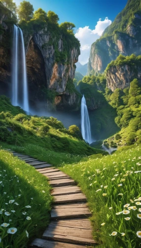 cartoon video game background,landscape background,full hd wallpaper,fantasy landscape,lilly of the valley,green waterfall,lilies of the valley,beautiful landscape,mountain spring,spring background,the natural scenery,beauty scene,landscapes beautiful,meadow landscape,background view nature,natural scenery,green valley,lily of the valley,nature landscape,springtime background,Photography,General,Realistic