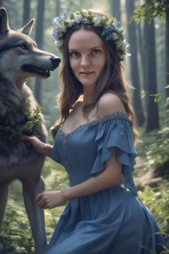 girl with dog,fae,wolves,woodland animals,fantasy picture,bohemian shepherd,cgi,european wolf,doe,canis lupus,wolf,forest animal,red riding hood,fairy tale character,ibexes,wolf couple,wolf bob,digital compositing,fantasy portrait,faerie,Photography,Commercial