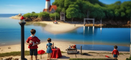 popeye village,digital compositing,red lighthouse,monkey island,playmobil,fantasy picture,3d fantasy,caravel,seaside resort,thimble islands,nautical banner,island residents,scarlet sail,3d render,ms island escape,boat landscape,background image,the island,3d rendered,santa claus at beach,Photography,General,Realistic