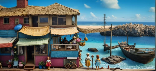 popeye village,fishing village,house of the sea,seaside resort,stilt houses,pirate ship,pirate treasure,houseboat,floating huts,mud village,monkey island,fisherman's house,wooden houses,cinema 4d,stilt house,treasure house,digital compositing,travel destination,madagascar,building sets,Photography,General,Realistic