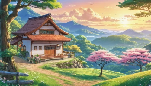 studio ghibli,home landscape,japan landscape,house in mountains,little house,lonely house,japanese sakura background,ginkaku-ji,roof landscape,house in the forest,sakura background,house in the mountains,small house,beautiful japan,beautiful home,tsukemono,landscape background,ancient house,mountain scene,japanese background,Illustration,Japanese style,Japanese Style 01