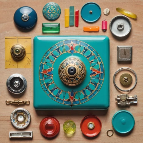 toy cash register,mechanical puzzle,gnome and roulette table,magnetic compass,wooden toys,vintage toys,sewing button,board game,radio-controlled toy,watchmaker,prize wheel,tin toys,circle icons,button-de-lys,sewing tools,circular puzzle,pinball,dartboard,gyroscope,button pattern,Unique,Design,Knolling