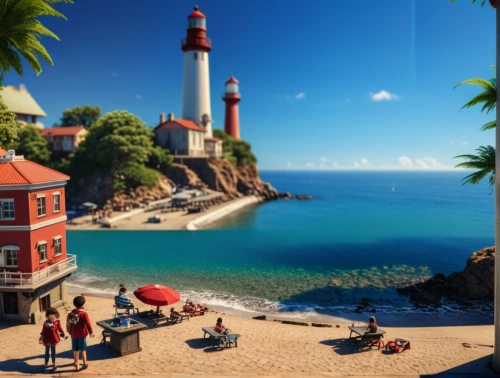 seaside resort,red lighthouse,electric lighthouse,lighthouse,beach landscape,seaside view,landscape background,digital compositing,travel insurance,seaside country,petit minou lighthouse,french digital background,3d render,background images,beautiful beaches,coastal landscape,lego background,resort town,render,summer beach umbrellas,Photography,General,Realistic