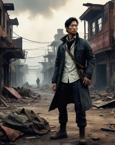 post apocalyptic,digital compositing,action film,cargo pants,hashima,action hero,gale,destroyed city,main character,gunkanjima,lost in war,action-adventure game,fallout4,the wanderer,kowloon city,blue-collar worker,kojima,saigon,district 9,steelworker,Conceptual Art,Sci-Fi,Sci-Fi 01