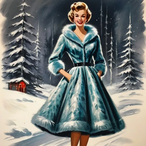 retro christmas lady,retro christmas girl,pin up christmas girl,winter dress,christmas pin up girl,christmas woman,christmas vintage,elsa,ingrid bergman,1950s,vintage christmas,retro 1950's clip art,christmas messenger,snow scene,1952,suit of the snow maiden,vintage illustration,merilyn monroe,winterblueher,retro christmas,Conceptual Art,Fantasy,Fantasy 12