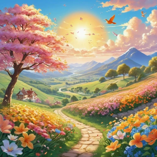 landscape background,springtime background,blooming field,spring background,flower field,meadow landscape,meadow in pastel,splendor of flowers,nature landscape,flower painting,spring morning,field of flowers,flower background,spring sun,beautiful landscape,home landscape,flower meadow,rural landscape,flowers field,blanket of flowers,Illustration,Japanese style,Japanese Style 01